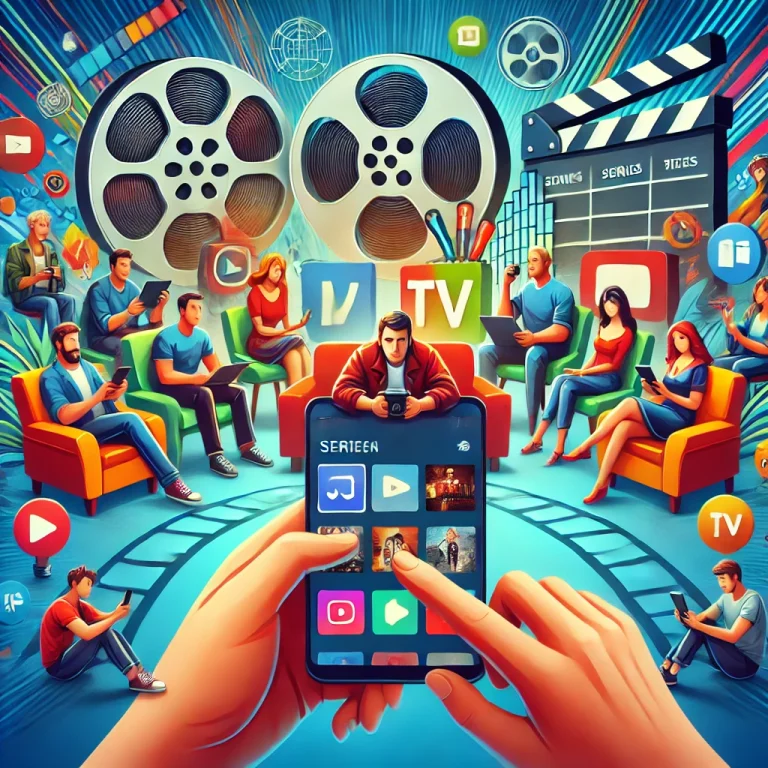Ilustração de pessoas assistindo a filmes e séries no celular