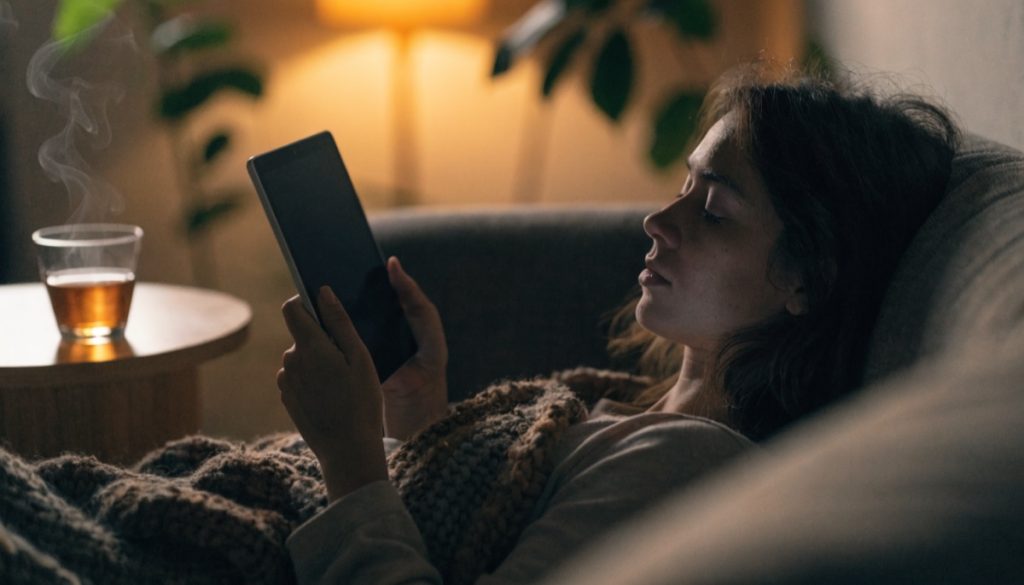 Mulher assistindo em um tablet no sofá à noite