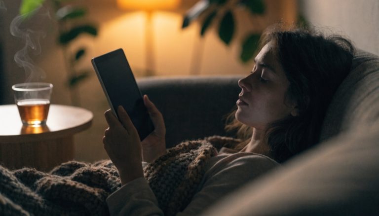 Một người phụ nữ đang xem TV trên máy tính bảng trên ghế sofa vào buổi tối.
